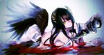  albedo between_breasts black_hair black_wings blood breast_press breasts demon_girl demon_horns hair_over_one_eye horns large_breasts long_hair lying nude official_art on_side overlord_(maruyama) pale_skin sideboob slit_pupils so-bin solo staff wings yellow_eyes 