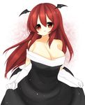 :o a-iueo alternate_costume bare_shoulders bat_wings black_dress blush breasts cleavage dress dress_lift elbow_gloves eyelashes gloves head_wings highres koakuma large_breasts light_particles long_hair looking_at_viewer low_wings mini_wings red_eyes red_hair simple_background sleeveless solo touhou white_gloves wings 