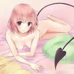  arm_support bad_id bad_pixiv_id banned_artist barefoot bed_sheet breasts demon_tail flower hair_flower hair_ornament long_legs looking_at_viewer lying medium_breasts momo_velia_deviluke n.g. nude on_stomach pillow pink_eyes pink_hair short_hair smile solo tail to_love-ru 