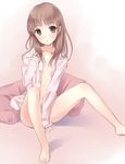  :o atelier_(series) atelier_totori banned_artist barefoot between_legs blush bottomless breasts brown_eyes brown_hair feet frilled_sleeves frills hand_between_legs highres long_hair long_legs long_sleeves n.g. navel no_bra open_clothes pillow sitting sleeves_past_wrists small_breasts solo totooria_helmold unbuttoned 