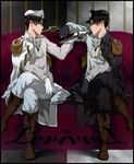  ascot at_gunpoint black_hair boots couch dual_persona epaulettes gun gun_in_mouth hat holding holding_gun holding_weapon jewelry knife levi_(shingeki_no_kyojin) male_focus military military_uniform mitake multiple_boys necklace reverse_grip shingeki_no_kyojin uniform weapon 