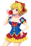  apple blonde_hair blue_eyes bow breasts cleavage cosplay food fruit hair_bow hand_on_hip high_collar highres large_breasts ponytail puffy_sleeves short_hair snow_white_(disney) snow_white_(disney)_(cosplay) snow_white_and_the_seven_dwarfs solo transparent_background umineko_no_naku_koro_ni ushiromiya_jessica uzu_hi 