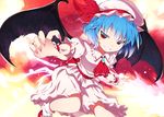  ascot bad_id bad_pixiv_id bat_wings blue_hair brooch fangs fingernails grin hat hat_ribbon highres jewelry long_fingernails looking_at_viewer mizukami_ryouma outstretched_arms red_eyes remilia_scarlet ribbon sash shirt short_hair skirt skirt_set slit_pupils smile solo spear_the_gungnir touhou wings wrist_cuffs 