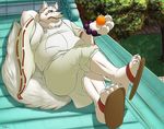  4_toes anthro arm_behind_head beads black_nose canine chubby claws clothing crossed_legs fox fur gingitsune gintaro grass japanese_clothing kimono lying male mammal on_back orange_(fruit) outside roof sandals scar solo teaselbone toe_claws tree white_fur 