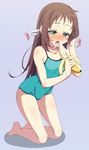  akino_sora banana barefoot blue_eyes blush breasts breath brown_hair competition_school_swimsuit feet food fruit hair_ornament heavy_breathing highres licking long_hair medium_breasts mukaido_manaka nagi_no_asukara one-piece_swimsuit open_mouth saliva school_swimsuit sexually_suggestive solo swimsuit tears toe_scrunch toes tongue tongue_out 