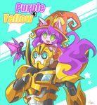  1girl animal_ears autobot bumblebee crossover ears_through_headwear fairy green_eyes hat league_of_legends long_hair lulu_(league_of_legends) machinery open_mouth pantyhose pix purple_hair purple_skin robot star symbol-shaped_pupils transformers transformers_prime witch_hat yan531 yordle 