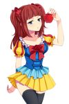  apple black_legwear blue_eyes bow cosplay flower food fruit hair_bow highres puffy_sleeves red_hair rose snow_white_(disney) snow_white_(disney)_(cosplay) snow_white_and_the_seven_dwarfs solo thighhighs transparent_background two_side_up umineko_no_naku_koro_ni ushiromiya_ange uzu_hi 