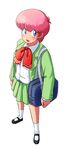  80s blue_eyes high_school!_kimengumi kawa_yui oldschool open_mouth oyatsu_(mk2) pink_hair school_uniform shoes short_hair skirt smile socks solo 