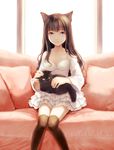 animal_ears black_legwear blue_eyes brown_hair cat cat_ears collarbone couch dress frills indoors light_smile long_hair long_sleeves looking_at_viewer original petting pillow sitting sitting_on_lap sitting_on_person solo soujirou sunlight thighhighs zettai_ryouiki 