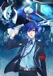  armband blue_eyes blue_hair digital_media_player evoker gun gun_to_head headphones highres holding holding_gun holding_weapon male_focus persona persona_3 school_uniform solo thanatos weapon yuuki_makoto 