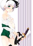  bare_shoulders black_hairband blush dress_shirt flat_chest green_eyes hairband katana kelu. konpaku_youmu long_sleeves nipples no_pants off_shoulder open_clothes open_shirt panties purple_background sarashi sheath shirt short_hair silver_hair solo standing striped striped_background sword tassel thighs touhou two-tone_background underwear undone_sarashi unsheathing vertical-striped_background vertical_stripes weapon white_background 