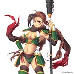  armor boots braid breasts brown_hair cleavage detached_sleeves hand_on_hip hiiro_(kikokico) large_breasts long_hair midriff navel red_eyes sangoku_infinity scarf solo thigh_boots thighhighs twin_braids very_long_hair weapon 