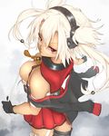  bad_id bad_pixiv_id black_gloves breasts cape dark_skin from_above from_behind glasses gloves headgear highres kantai_collection large_breasts looking_back miniskirt mono_(sisyamo1210) musashi_(kantai_collection) pleated_skirt pointy_hair red_eyes sarashi short_hair skirt solo thighhighs two_side_up white_hair zettai_ryouiki 