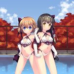  bad_id bad_pixiv_id bikini black_hair blue_eyes brown_hair chain-link_fence elbow_gloves fence gloves hair_ribbon hairband hebinui long_hair microphone multiple_girls original pool poolside ribbon short_hair swimsuit water yellow_eyes 