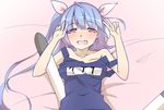  bed_sheet blue_hair blush breasts breath double_v hair_ribbon i-19_(kantai_collection) kantai_collection large_breasts long_hair lying multicolored_hair on_back one-piece_swimsuit open_mouth red_eyes ribbon sakurea saliva school_swimsuit smile solo sweat swimsuit tears torpedo twintails v 