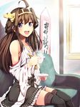  ahoge ataru_(cha2batake) bare_shoulders boots brown_hair cup detached_sleeves double_bun hair_ornament hairband headgear japanese_clothes kantai_collection kongou_(kantai_collection) long_hair looking_at_viewer nontraditional_miko open_mouth pleated_skirt purple_eyes skirt smile solo teacup thigh_boots thighhighs translated zettai_ryouiki 