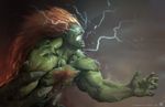  1boy angry big_hair blanka capcom censored chest_hair claws fangs fingernails green_skin highres lightning long_fingernails luc_de_haan male male_focus muscle open_mouth orange_hair short_shorts shorts solo street_fighter teeth tongue 