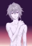  1boy androgynous bishounen gradient gradient_background gray_hair grey_hair light_smile male male_focus mc nagisa_kaworu neon_genesis_evangelion nude red_eyes solo wet 