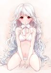  absurdres albino bad_id bad_pixiv_id bare_shoulders blush bow bra detached_collar highres long_hair messy_hair mono_(sisyamo1210) navel open_mouth original panties red_eyes solo underwear underwear_only very_long_hair white_bra white_hair white_panties 