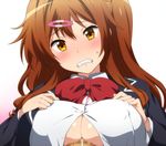  1girl between_breasts blush breasts brown_eyes brown_hair censored chuunibyou_demo_koi_ga_shitai! dark_penis hair_ornament hairclip hairu hetero highres large_breasts long_hair nibutani_shinka paizuri penis school_uniform shiny shiny_skin side_ponytail sweat 