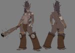  2018 anthro armor bandage barbarian barefoot black_fur black_hair black_lips black_nails black_nose bodypaint bracelet breasts brown_fur butt clothed clothing colored_nails ear_piercing feline female flashspot fur grey_background hair hi_res hollandworks jewelry loincloth long_hair mace mammal melee_weapon model_sheet mohawk navel nipples piercing scar simple_background solo weapon yellow_eyes 