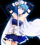  armband armpits arms_up belt blue_eyes blue_hair cape gloves hair_ornament hairclip magical_girl mahou_shoujo_madoka_magica mahou_shoujo_madoka_magica_movie miki_sayaka sagari24 smile solo soul_gem sword weapon 