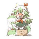  :3 anger_vein bad_id bad_twitter_id bow box cardboard_box chibi dribbling ex-keine fang green_hair horns kamishirasawa_keine kamishirasawa_keine_(hakutaku) long_hair lowres o_o on_box rebecca_(keinelove) solo standing_on_object sukusuku_hakutaku tail tears touhou 