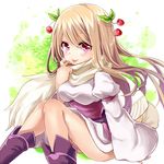  anais_del_caril blonde_hair boots cherry dress finger_to_mouth food fruit hair_ornament juliet_sleeves long_hair long_sleeves looking_at_viewer lowres pink_eyes puffy_sleeves sash scarf sitting smile solo tales_weaver tongue tongue_out very_long_hair white_dress wide_sleeves yuya_(night_lily) 