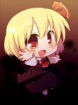  ascot blonde_hair blush chibi dress fang highres matatabi_(nigatsu) open_mouth red_eyes rumia short_hair solo touhou waving 