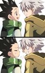  2boys black_hair blush brown_eyes child clenched_teeth duo eyes_closed gon_freecss hunter_x_hunter killua_zoldyck male male_focus multiple_boys open_mouth rand_(artist) short_hair simple_background standing sweat teeth white_hair 