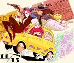  3boys arsene_lupin_iii arsene_lupin_iii_(cosplay) battle_tendency car cosplay flower footprints giorno_giovanna ground_vehicle gun handgun hat highway_star_(stand) ishikawa_goemon_xiii ishikawa_goemon_xiii_(cosplay) jacket jean_pierre_polnareff jigen_daisuke jigen_daisuke_(cosplay) jojo_no_kimyou_na_bouken kobayashi_kiyoshi kuujou_jolyne lupin_iii meganeneko mine_fujiko mine_fujiko_(cosplay) mohammed_avdol motor_vehicle multiple_boys namikawa_daisuke necktie red_jacket red_stone_of_aja revolver sawashiro_miyuki seiyuu_connection stardust_crusaders stone_ocean taxi vento_aureo weapon yellow_neckwear 