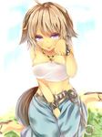  animal_ears bad_id bad_pixiv_id bracelet breasts brown_hair elbia_hernaiman jewelry large_breasts looking_at_viewer midriff navel necklace neko_sensha outbreak_company paw_pose purple_eyes sandals solo tail tongue wolf_ears wolf_tail 