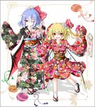  :d ;) alternate_costume blonde_hair blue_hair fang flandre_scarlet floral_print hair_ornament hair_ribbon highres japanese_clothes karakuri_neko_(tkfm) kimono multiple_girls one_eye_closed open_mouth purple_eyes red_eyes remilia_scarlet ribbon smile touhou wide_sleeves yukata 