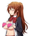  breasts brown_hair chuunibyou_demo_koi_ga_shitai! closed_eyes hair_ornament hairclip hairu highres large_breasts long_hair nibutani_shinka non-web_source open_clothes open_shirt school_uniform shirt simple_background solo sweatdrop white_background wince 