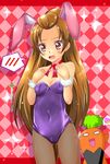  aida_mana animal_ears brown_hair bunny_ears bunny_girl bunnysuit carrot checkered checkered_background cowboy_shot dokidoki!_precure embarrassed fishnet_pantyhose fishnets half_updo heart highres leotard long_hair madoka_aguri multiple_girls o_o open_mouth pantyhose precure purple_leotard red_background red_eyes ribbon shiguko simple_background smiley_face spoken_blush stan standing translation_request wrist_cuffs wristband 