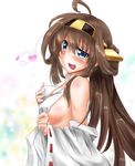  ahoge bare_shoulders blue_eyes brown_hair detached_sleeves double_bun hair_ornament hairband headgear japanese_clothes kantai_collection kongou_(kantai_collection) long_hair nontraditional_miko open_mouth partially_undressed rinrin_(927413) solo upper_body 