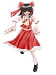  ankle_socks black_eyes black_hair bow clenched_hands detached_sleeves full_body hair_bow hair_tubes hakurei_reimu kazu_(rakugakino-to) looking_away navel open_mouth running shoes short_hair simple_background skirt skirt_set solo touhou white_background 