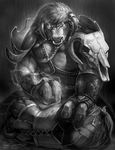  greyscale looking_at_viewer male minotaur monochrome rain rhyu skull 