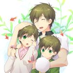  :d ;o ^_^ brown_hair child closed_eyes cotton_candy flower free! funikurikurara green_eyes male_focus multiple_boys multiple_persona one_eye_closed open_mouth smile sweater tachibana_makoto tears time_paradox younger 