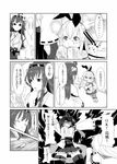  ? bow comic detached_sleeves double_bun elbow_gloves eyeshield_21 frilled_skirt frills gloves greyscale hair_bow hair_ornament hairband kantai_collection kongou_(kantai_collection) kozy long_hair long_sleeves monochrome multiple_girls nontraditional_miko parody rensouhou-chan ribbon-trimmed_sleeves ribbon_trim school_uniform serafuku shimakaze_(kantai_collection) skirt spoken_question_mark translated wide_sleeves 