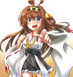  ahoge bad_id bad_pixiv_id bare_shoulders blue_eyes brown_hair detached_sleeves double_bun hair_ornament hairband headgear japanese_clothes kantai_collection kongou_(kantai_collection) long_hair nontraditional_miko open_mouth pointing pointing_at_viewer rinrin_(927413) skirt smile solo thighhighs 