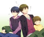  1girl 3boys blue_eyes brown_hair free! funikurikurara green_hair multiple_boys nanase_haruka_(free!) short_hair siblings sleeping sweat tachibana_makoto tachibana_ran_(free!) tachibana_ren_(free!) 