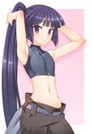  :&lt; adjusting_hair akatsuki_(log_horizon) armpits flat_chest groin highres ike_masato log_horizon long_hair looking_at_viewer midriff navel ponytail purple_eyes purple_hair sleeveless sleeveless_turtleneck solo turtleneck 