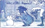  ! bow fence hair_bow long_sleeves mikakunin_de_shinkoukei mitsumine_mashiro monochrome pleated_skirt sakino_shingetsu skirt snow snowman squatting 