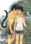  2boys animal_ears black_hair blush brown_eyes child fence garden highres hose male male_focus multiple_boys nipples outdoors rand_(artist) shirt shorts sky sleeveless sleeveless_shirt standing sweat tail tree yaoi 