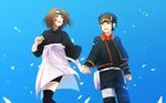  1girl black_hair brown_hair forehead_protector goggles highres holding_hands meiko_(puua) naruto naruto_(series) nohara_rin petals short_hair smile uchiha_obito 