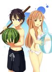  1boy 1girl asuna_(sao) ball beachball bikini black_eyes black_hair brown_eyes brown_hair food fruit highres kirito long_hair male_swimwear short_hair shorts stick suikawari swim_trunks swimsuit swimwear sword_art_online watermelon 