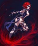  absurdres alternate_costume ass bad_id bad_pixiv_id boots breasts brown_eyes deneb_(noble324) evelynn fingerless_gloves gloves high_heels highres league_of_legends mask medium_breasts parted_lips pointy_ears red_hair short_hair smile solo spikes 
