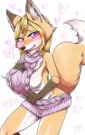  &lt;3 2017 anthro blonde_hair blush breasts brown_fur butt canine chest_tuft clothed clothing female fluffy fluffy_tail fox fur hair hand_on_breast hi_res kiriya looking_at_viewer mammal neck_tuft pink_eyes side_boob simple_background smile solo standing sweat sweater tuft virgin_killer_sweater white_fur 
