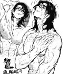  1boy arm_up bathing choso_(jujutsu_kaisen) closed_mouth commentary_request facial_mark greyscale hand_on_own_head highres jujutsu_kaisen male_focus medium_hair meme17 monochrome multiple_views nipples nude pectorals showering simple_background solo towel towel_on_head twitter_username upper_body white_background 